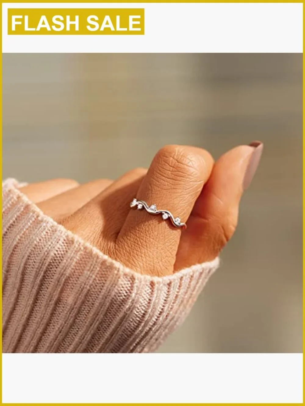 925 Sterling Silver Wave Stackable Ring, Cubic Zirconia, Midi & Pinky, Wedding